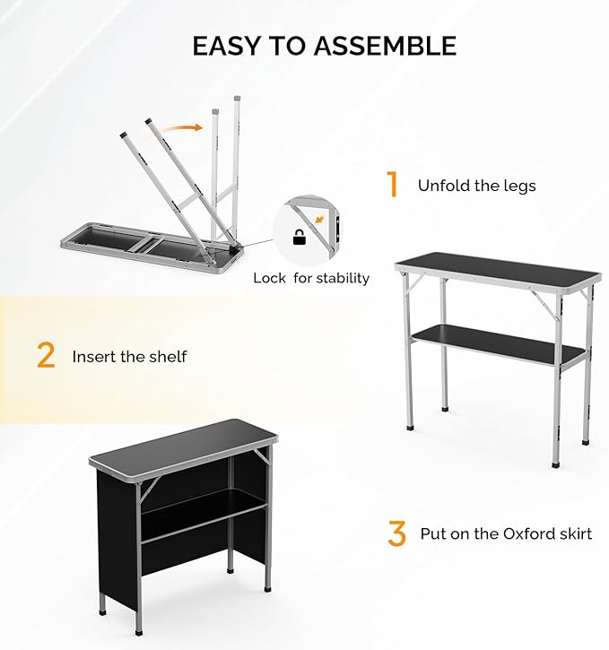 VINGLI Portable Bar Table, 2-Tier Shelves, Mobile Bar Table for Events, Party, Camping, Picnic, Tradeshow, Indoor with Black Skirt, 39 "L x 34" H VINGLI