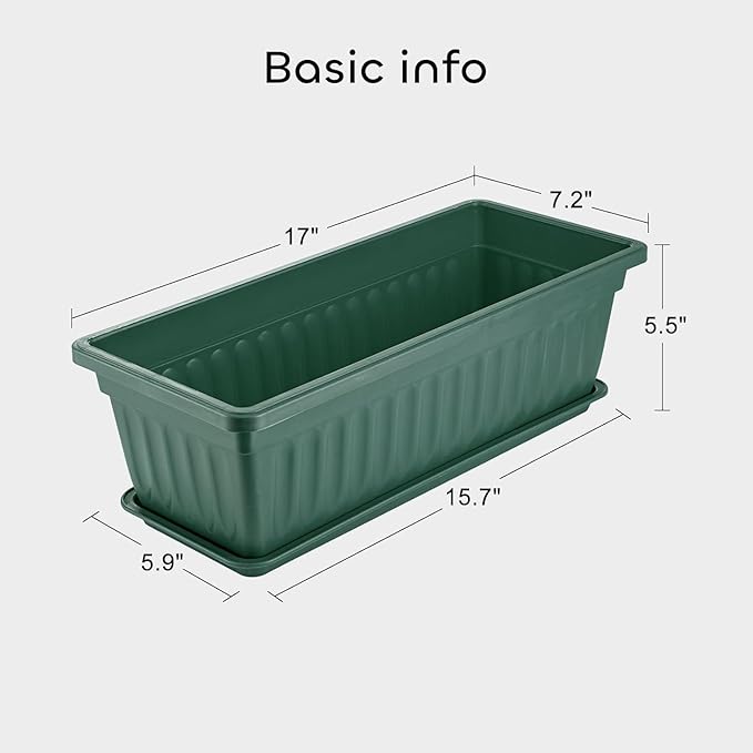 GROWNEER 3 Packs 17 Inches Green Flower Window Box Plastic Vegetable Planters Long Pots with 15 Pcs Plant Labels for Outdoor Indoor Windowsill Patio Garden Home Decor Porch GROWNEER