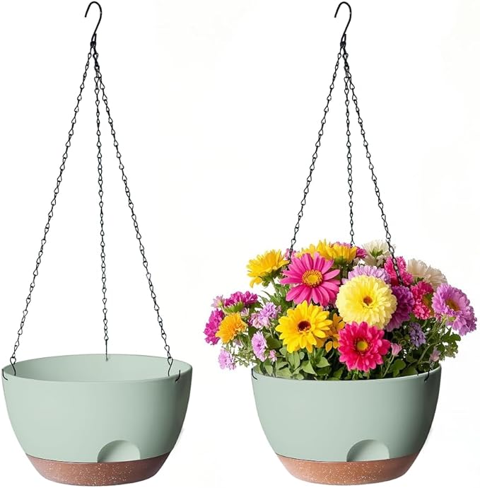 12 Inch Hanging Baskets for Plants Outdoor, Hanging Planters for Indoor Outdoor Plants, Hanging Planter with Self Watering, Hanging Flower Pots (Green) LesOasis
