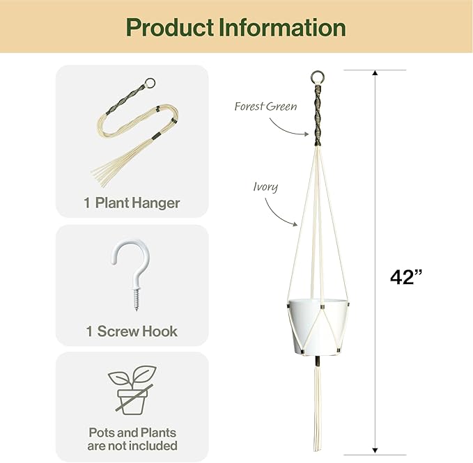 Macrame Plant Hanger Polyester Rope 42 Inch Outdoor Indoor Adjustable Hanging Planter for up to 10 Inch Plant Pot Modern Boho Home Decor (Ivory/Forest Green) LETBE