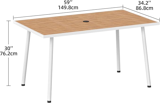 DWVO Patio Table Rectangle 59"x34.2", Patio Dining Table for 6 Weather-Resistant Outdoor Table with Umbrella Hole, Steel Frame, Adjustable Feet for Outdoor/Indoor DWVO