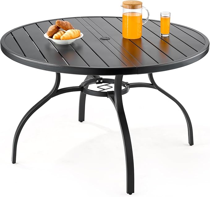VEVOR Outdoor Patio Dining Table, 47 inch Round Metal Steel Slat Backyard Bistro Tables, with 1.5 in Umbrella Hole, Outside All-Weather Large Furniture for Lawn Garden Porch, Black VEVOR