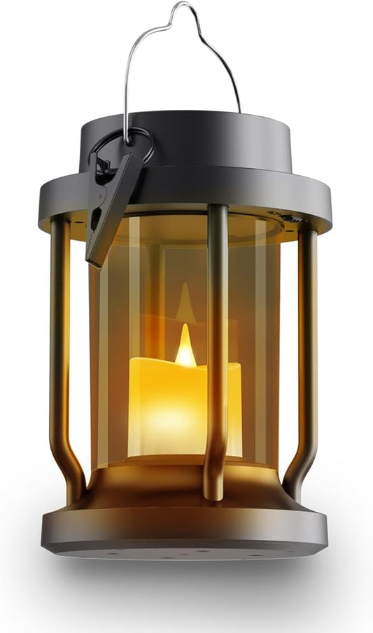 Solar Lantern Outdoor & Indoor Use – Hanging Solar Lights with Realistic Flickering Flameless Candle, Weatherproof for Gardens, Patios, Trees, and Lawns (Black + Gray, 1 Pack) Rootora