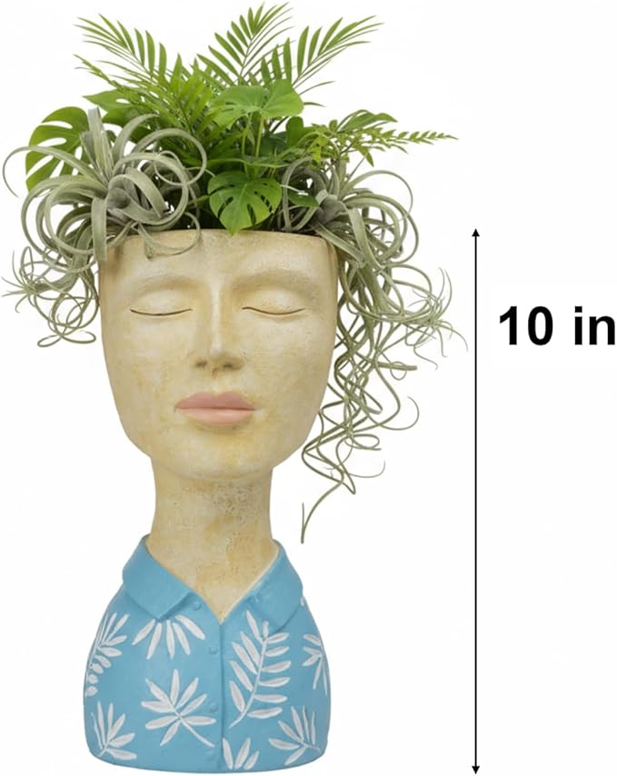 DiliComing Face Planter Pot Head Planter - Resin Blue Boy Head Planters for Indoor Outdoor Plants Decorative Flower Pot for Garden Home Office Bust Sculpture Plant Stand 5x6x10.5 Inch DiliComing