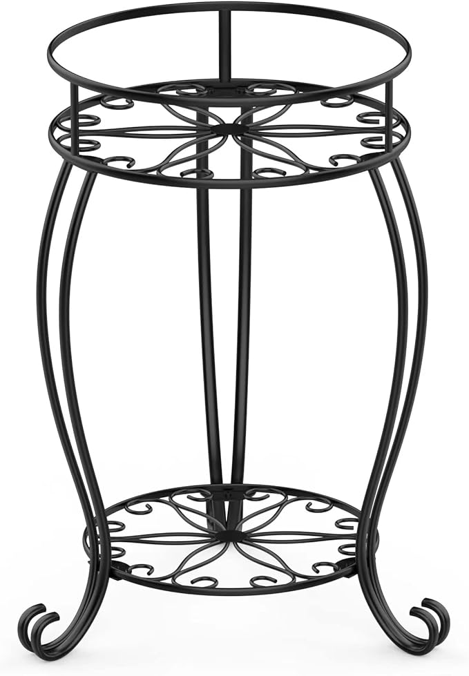 FaithLand Plant Stand, Heavy Duty Metal Planter Holder Indoor Outdoor, 2 Tier Round Potted Supports Rack, Corner Display Shelf Black FaithLand
