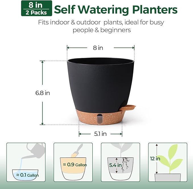 T4U 2 Pack 8 Inch Self Watering Pots - Water Level Indicator & Deep Reservoir, Mess-Free Planter for Busy People, Beginners & Gardeners, Pothos/Herbs/Snake Plants, Indoor Outdoor Use (Black) T4U