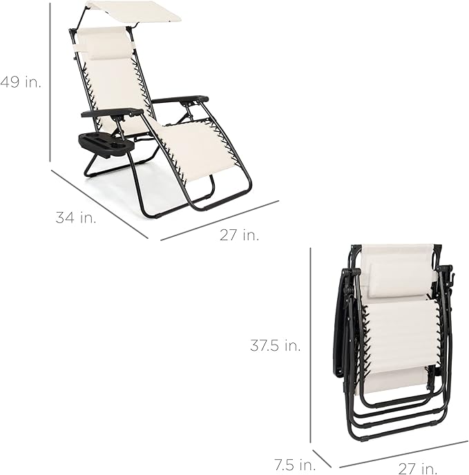 Best Choice Products Folding Zero Gravity Outdoor Recliner Patio Lounge Chair w/Adjustable Canopy Shade, Headrest, Side Accessory Tray, Textilene Mesh - Ivory BestChoiceProducts