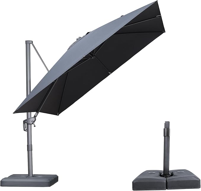 PURPLE LEAF 10 FT Outdoor Umbrella with Base Patio Cantilever Aluminum Umbrella with 3 Years Fade Resistance Recycled Fabric Offset Square with 360-degree Rotation for Deck Pool Garden, Graphite Grey Rootora