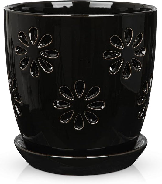 Oairse 6 inch Orchid Pots with Holes, Black Ceramic Orchid Pot for Repotting Small Indoor Plant Pots with Drainage Holes and Saucers Decorative Flower Planter for Orchids, Indoor Plant Oairse