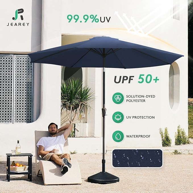 JEAREY 9FT Outdoor Patio Umbrella Outdoor Table Umbrella with Push Button Tilt and Crank, Market Umbrella 8 Sturdy Ribs UV Protection Waterproof for Garden, Deck, Backyard, Pool (Purplish Blue) JEAREYOutdoorsCollection