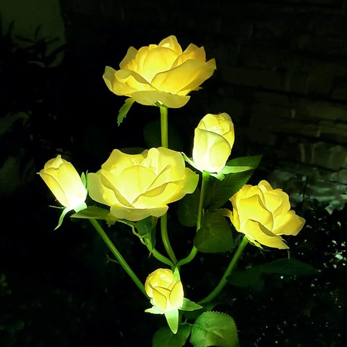 GONIMY Outdoor Realistic Solar Powered Rose Flower Lights Stake,2 Pack 10 Rose Solar Garden Decorative Waterproof Lights for Backyard Patio Pathway Xmas Decoration-Yellow GONIMY