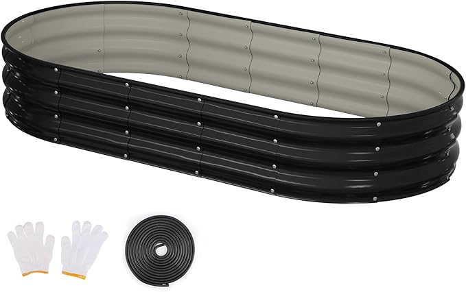 Raised Garden Bed, 6x3x1ft Galvanized Outdoor Planter Beds with Safety Edging and Gloves, Oval Metal Planter Box for Gardening Vegetables Flowers Herb-Black Patiobay