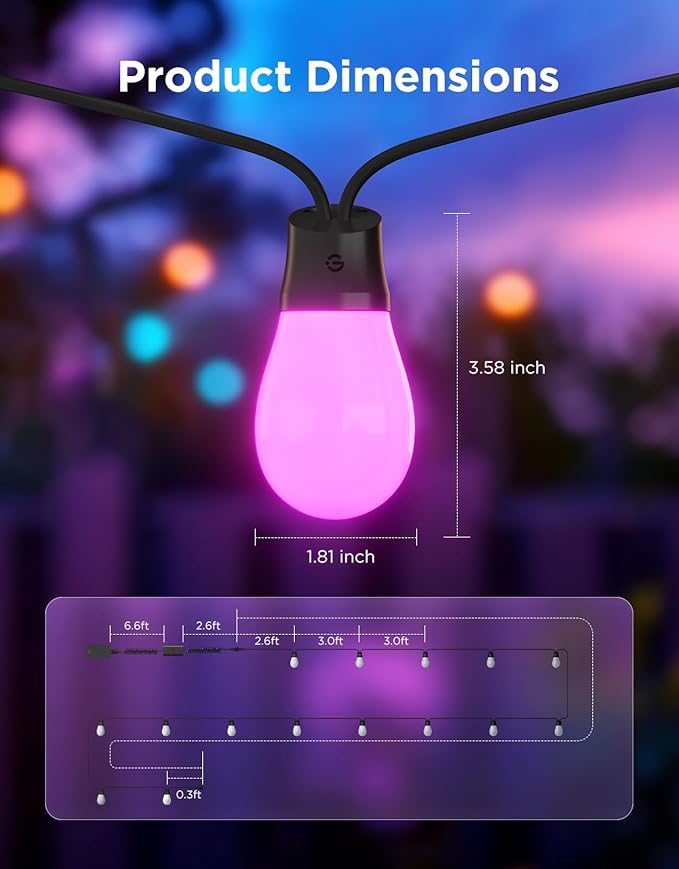 Govee S14 Bulb Outdoor String Lights 2, 48ft Smart RGBIC Warm White Patio Lights with 15 LED Bulbs, 111 Scene Modes for Outdoor Decor, Upgraded IP66 Compatible with Alexa, Google, Matter, APP Control Govee