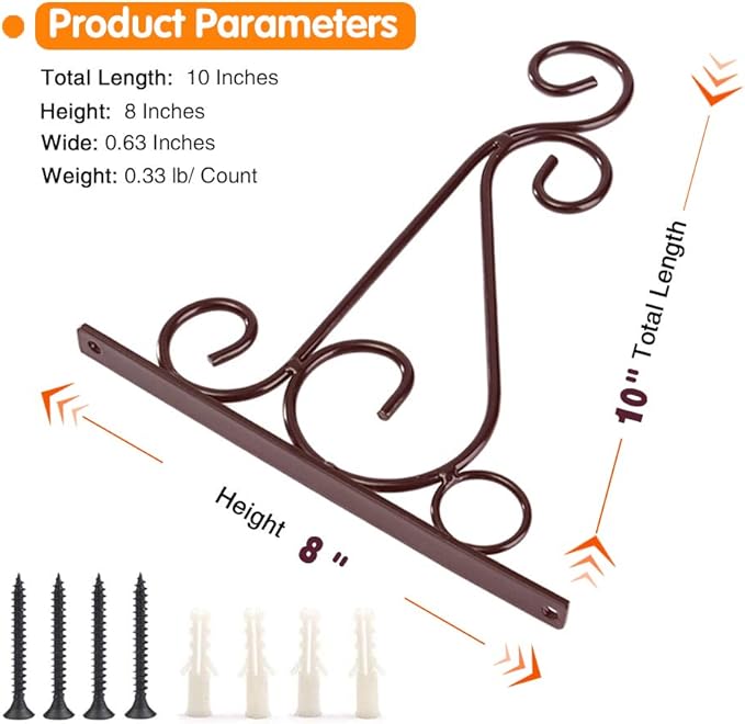 KABB Hanging Plant Bracket, 2 Pcs 10" Iron Decorative Wall Hanger Hooks for Hanging Plants Flower Baskets Bird Feeders Wind Chimes, Indoor Outdoor Rustic Home Decor, Coffee Color Rootora