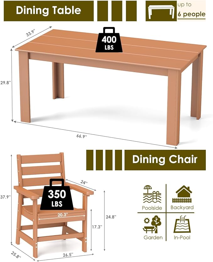 GREENVINES 7-Piece Outdoor Dining Set | HDPE | Patio Table and Chairs Sets for 6 | Patio Furniture | All Weather | Umbrella Hole | Teak | for Backyard Poolside Garden GreenVines