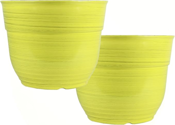 Garden Elements Indoor/Outdoor Glazed Brushed Happy Plastic Planter, Large, Bright Yellow, 15" (Pack of 2) GardenElements