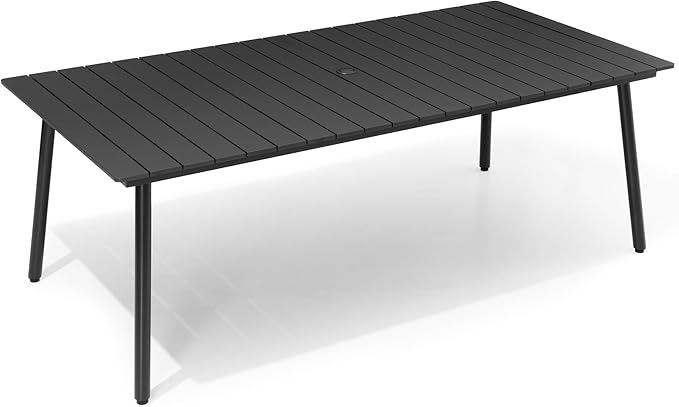 83" Patio Outdoor Dining Table for 6-8, Weather-Resistant Wood-Grain Top with Aluminum Frame & Umbrella Hole for Deck Gatherings, Black VredHom