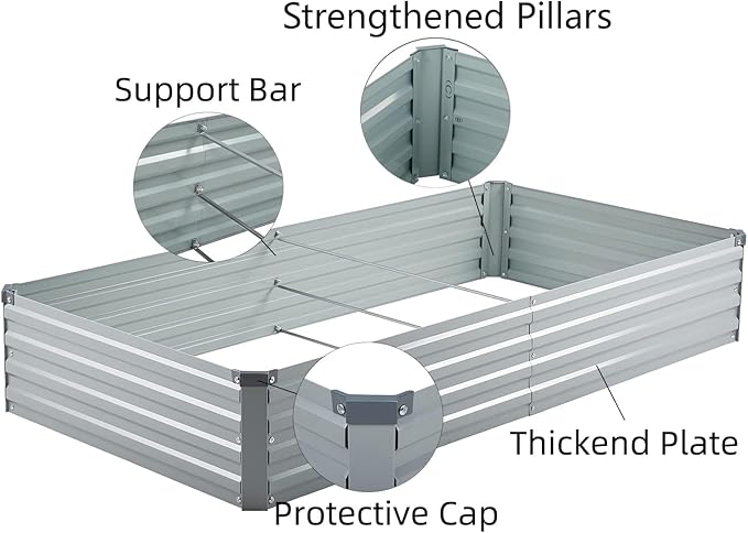 2 Pack 8x4x1FT Galvanized Raised Garden Bed Kit, Outdoor Metal Planter Box for Vegetables, Bottomless Rectangular Gardening Bed with Support Rods, Tool-Free Assembly, Gray Meberam
