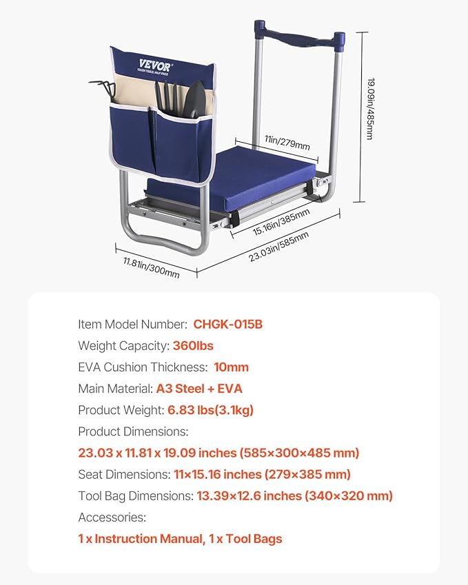 VEVOR Large Folding Garden Kneeler and Seat Heavy Duty, Widened 10" EVA Foam Pad, Portable Garden Stool with Tool Bags, Gardening Bench to Relieve Knee & Back Pain, Gifts for Seniors, Women, Parents VEVOR