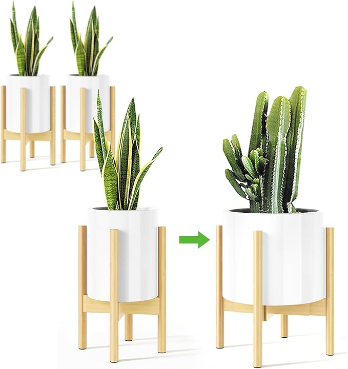 MUDEELA Plant Stand for Indoor Plants: Adjustable Width Fits 8-12 Inch Pots - Mid-century Modern Bamboo Plant Stand - 14.5 Inch Single Tier Small Floor Plant Holder, Natural, 2 Pack (Without Pot) MUDEELA