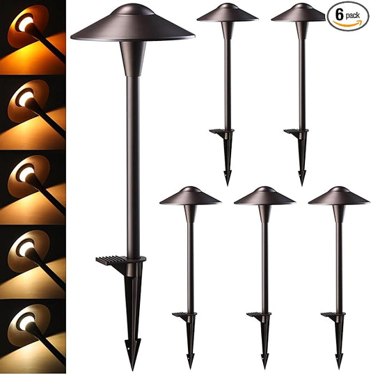 LEONLITE Update 5CCT Low Voltage Pathway Lights, LED Landscape Path Lights, 1800/2700/3000/4000/5000K, Saucer Head, 12-24V AC/DC, IP65 Outdoor Walkway Light, Oil Rubbed Bronze Aluminum, Pack of 6 LEONLITE