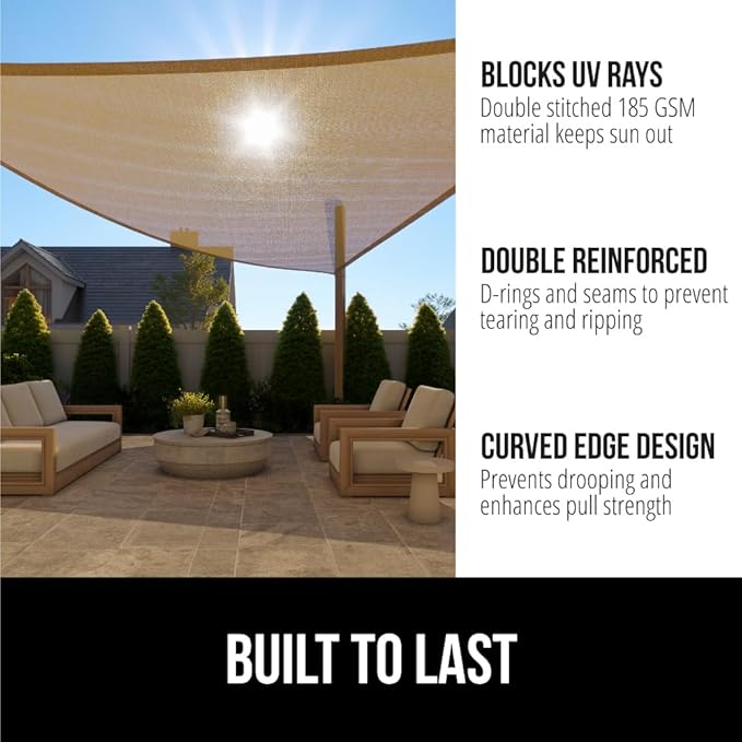 GORILLA GRIP Heavy Duty Sun Shade, UV Protection Fade Tear and Rust Resistant Rectangle Sunshade Canopy, Curved Edges Blocks Sunlight, Breathable Sail, Outdoor Patio, Lawn Garden, 12x12x12, Sand GorillaGrip