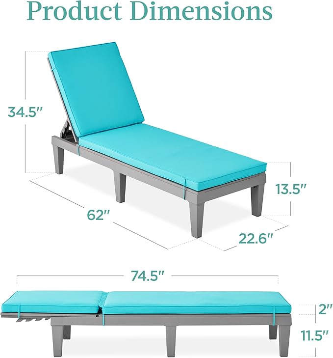 Best Choice Products Outdoor Lounge Chair, Resin Patio Chaise Lounger for Poolside, Backyard, Porch w/Seat Cushion, Adjustable Backrest, 5 Positions, 330lb Capacity - Gray/Teal BestChoiceProducts