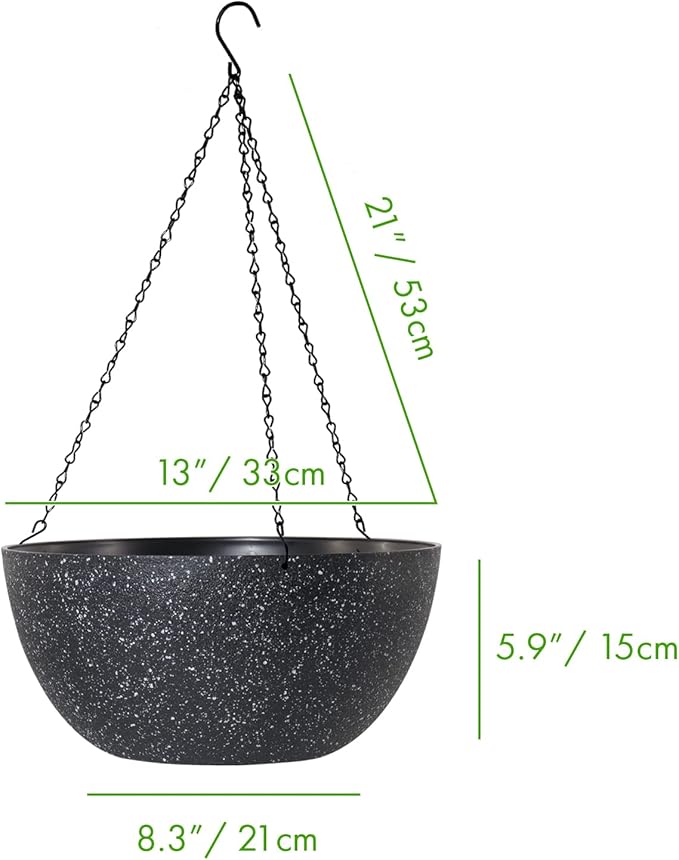WOUSIWER 13 inch 2Pack Large Hanging Planters for Outdoor Indoor Plants with Drainage Holes and Chain, Round Hanging Flower Pots for Garden Home Porch Decor, Black Speckles WOUSIWER