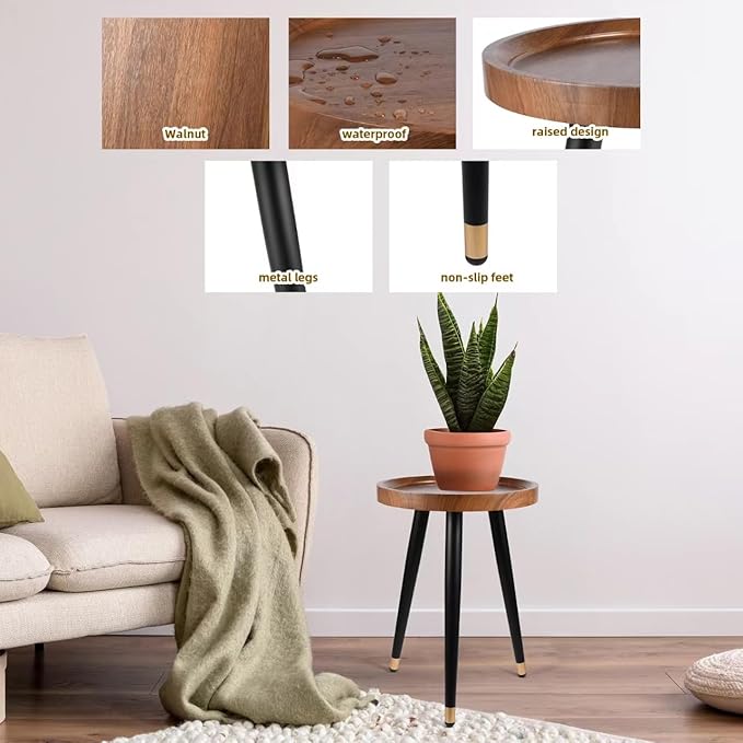 Plant Stand Indoor,Mid Century Walnut Wood Plant Table, Heavy Duty Metal Tall Flower Pot Stand,Modern Round Small Side End Table with Raised Design(12"x17") (2, 12 x 17 in) KGPLOME