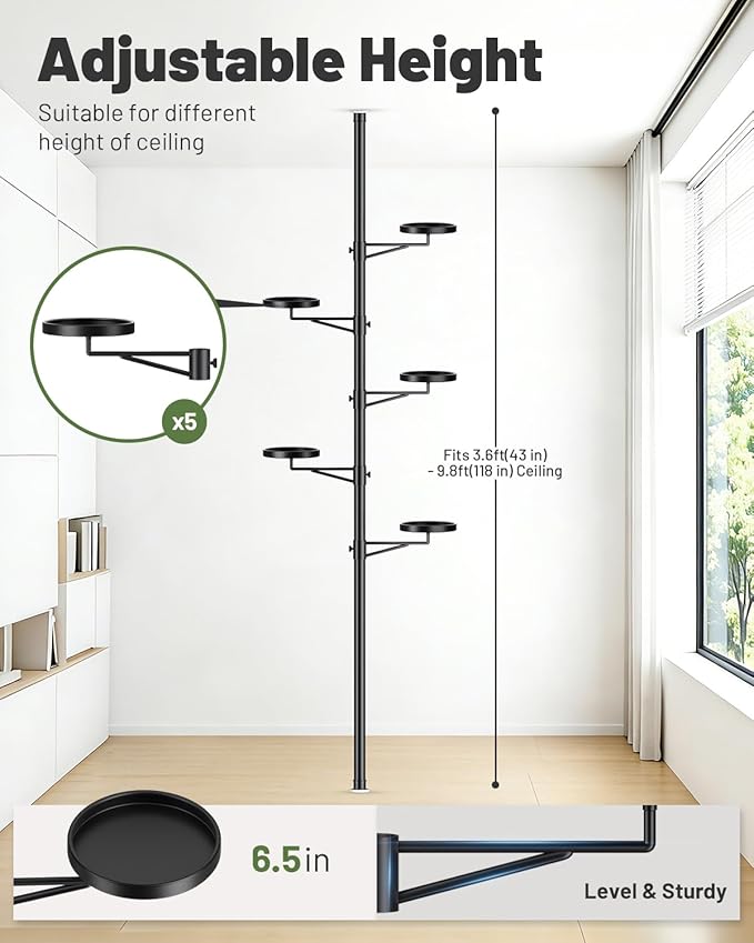 Tension Rod Plant Stand, 5 Tier Tension Pole Plant Stand with 5 Metal Trays, Plant Poles for Hanging Plants Indoor, Floor to Ceiling Plant Pole Hanging Plant Stand Zononoca