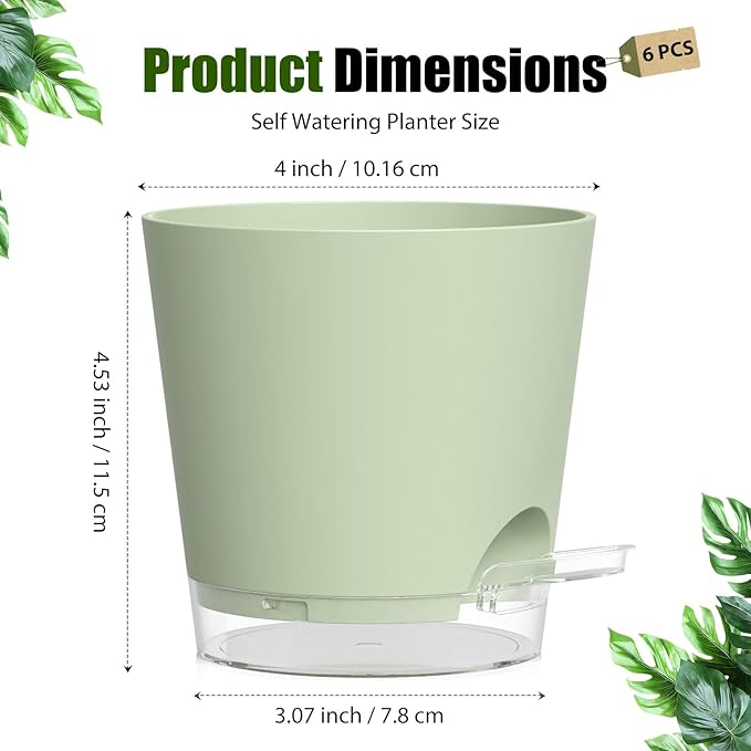 Plant Pots 4 Inch Self Watering Pots,6 Pack Plastic Planters with Drainage Holes and Clear Saucers,Plastic Flower Pots,Nursery Planting Pot for Indoor Out Door Plants (Green) SQKH
