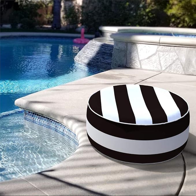 LVTXIII Outdoor Inflatable Ottoman, Fade-Resistant Round Footrest Stool D21”x H9”, Portable Patio Pouf for Garden Camping or Home Use-Cabana Black LVTXIII