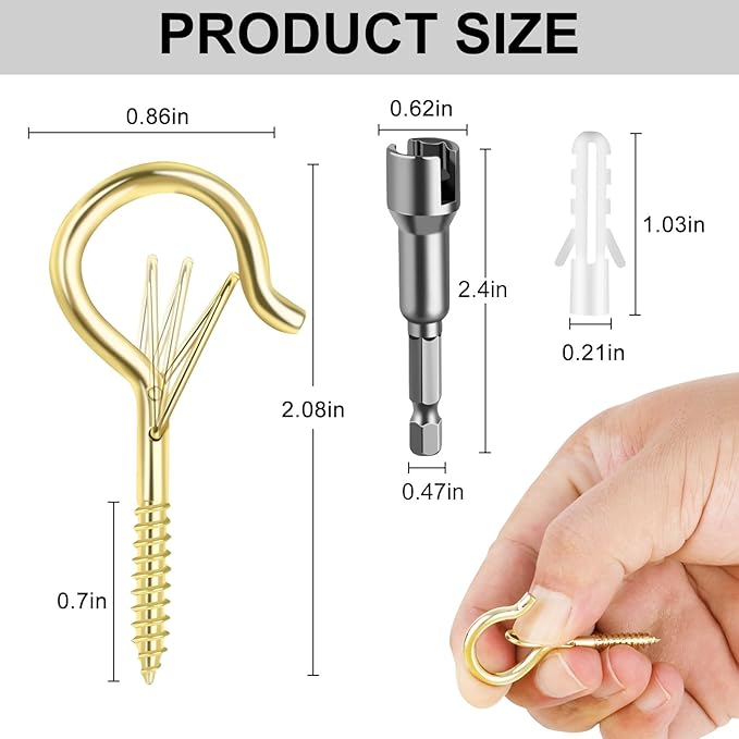 96 PCS Q-Hanger Hooks, Screw Hooks for Outdoor String Lights, Safety Buckle Design Cup Eye Hook for Hanging Christmas Lights, Plants, Mounted on Wall Ceiling, Include 1 Wing Nut Driver, Gold FSAH