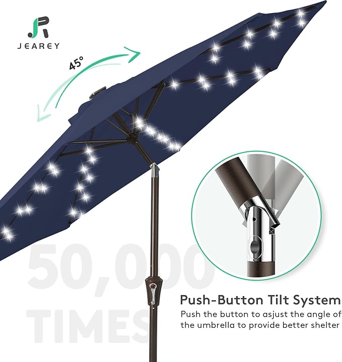 JEAREY 9FT Outdoor Patio Umbrella with Solar Lights, LED Lighted Pool Umbrella with Tilt and Crank, Outdoor Table Umbrellas for Deck, Yard & Market (9ft, Navy Blue) JEAREYOutdoorsCollection