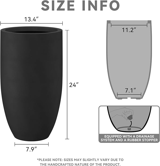 Kante 24 Inch Tall Round Concrete Planter, Large Indoor Outdoor Plant Pots with Drainage Hole and Rubber Plug, Modern Decorative Garden Pots for Home Patio Porch, Black Kante