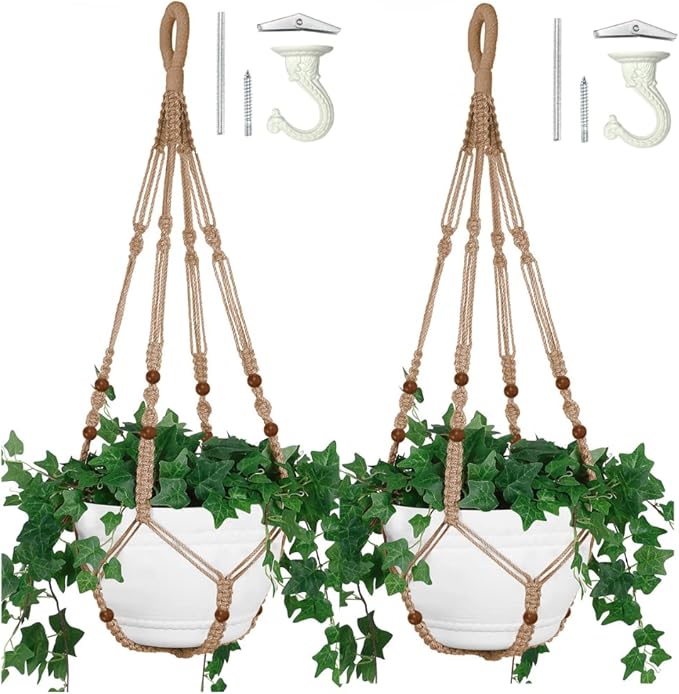 2PK 43 Inches Macrame Planter Hanger Large for 12 inch Pot + Swag Hook (Extra Long & Big) | Large Hanging Planter for Indoor Plants | No Tassel, Cotton Rope, NO Pot/Plant Included (Jute)(XL) Shineloha