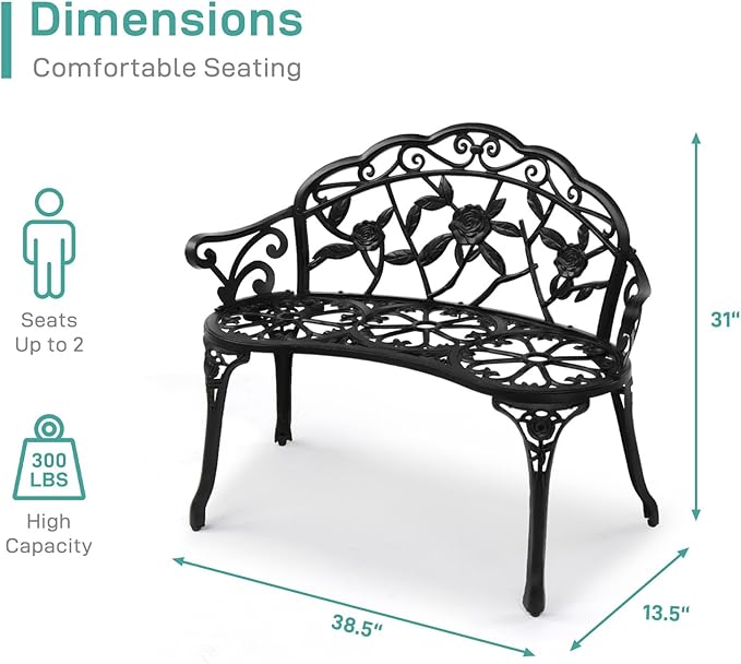 VINGLI 38.5" Patio Park Garden Outdoor Metal Rose Bench, 2-Person Cast Iron Cast Aluminium Frame Antique Finish Chair,Accented Lawn Front Porch Path Yard Decor Deck Furniture (Black, Rose) VINGLI