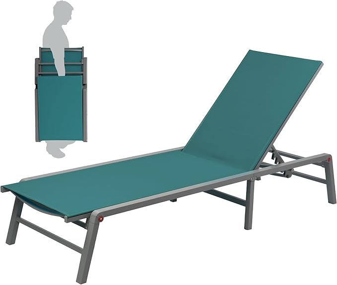 Kozyard Outdoor Foldable Lounge Chair, Aluminum Frame Patio Lounger with 5-Position Adjustable Backrest, Breathable Textilene Fabric, Assemble-Free, Reclining Full-Flat Poolside(MintGreen, Notable) Kozyard