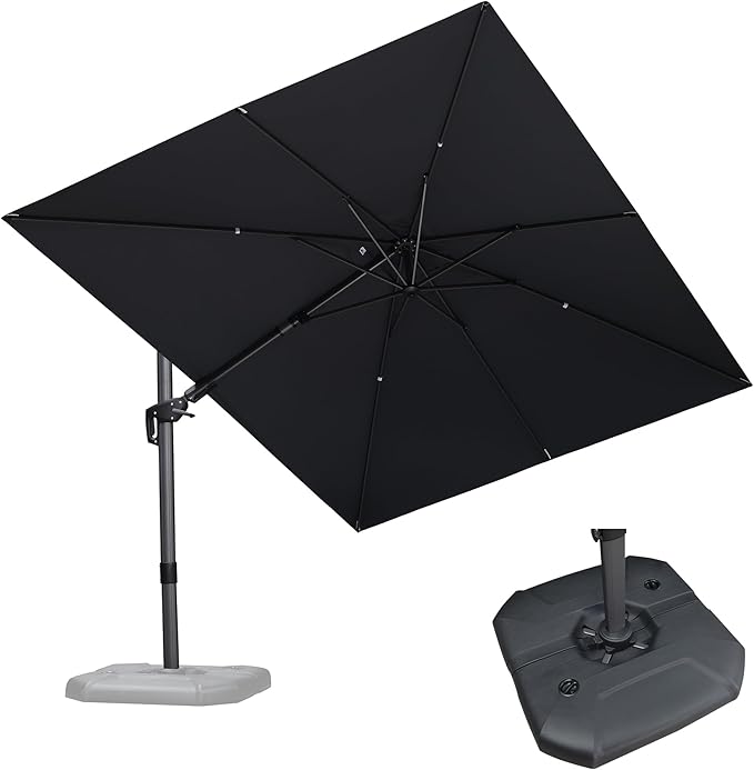 PURPLE LEAF 9' X 12' Right-left Tilt Patio Umbrella with Base Outdoor Cantilever Swivel Rectangle Umbrella Aluminum Offset Umbrella with 360-degree Rotation for Garden Deck Pool Patio Grey PURPLELEAF