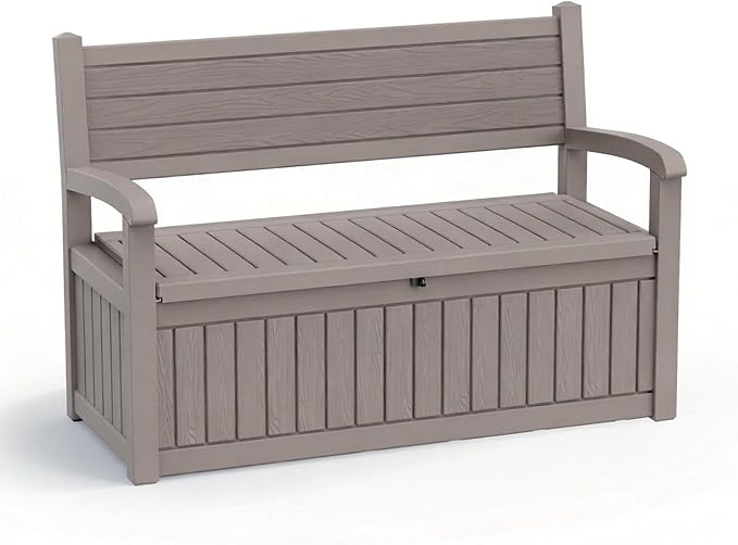 EasyUp 80 Gallon Wood Grain Style Outdoor Storage Bench, Waterproof and Lockable Deck Box Outdoor Storage Furniture for Patio,Garden,and Porch – Perfect for Storing Garden Tools and Cushions(Gray) EASYUP