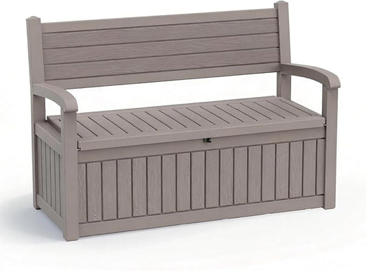 EasyUp 80 Gallon Wood Grain Style Outdoor Storage Bench, Waterproof and Lockable Deck Box Outdoor Storage Furniture for Patio,Garden,and Porch – Perfect for Storing Garden Tools and Cushions(Gray) EASYUP