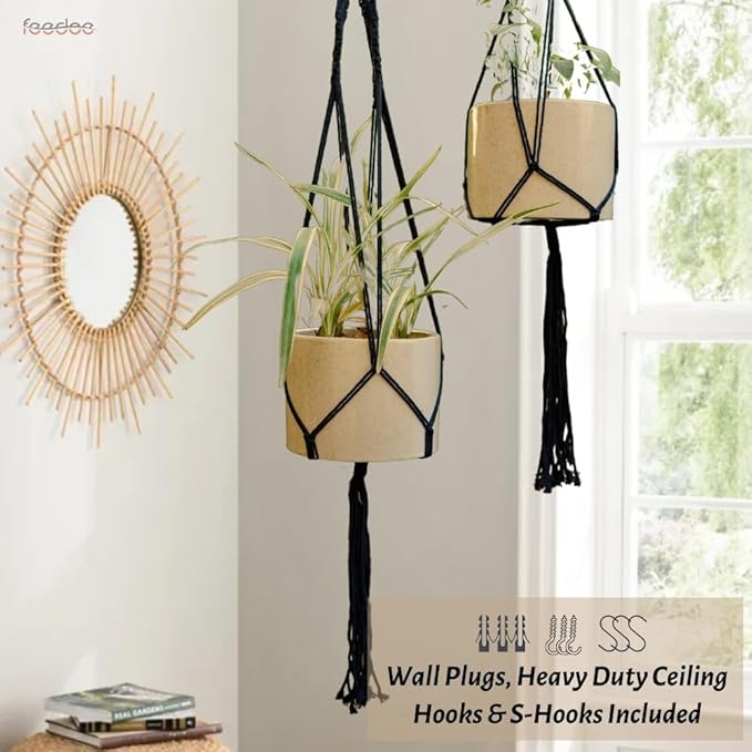 Feedee Macrame Plant Hangers - 6 Pack, Black, Indoor/Outdoor, Cotton Feedee