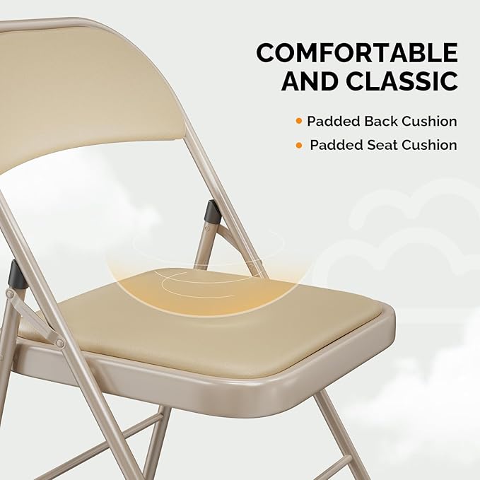 VINGLI 6 Pack Folding Chairs with Padded Seats, Metal Frame with Pu Leather Seat & Back, Capacity 350 lbs, Set of 6, Khaki VINGLI