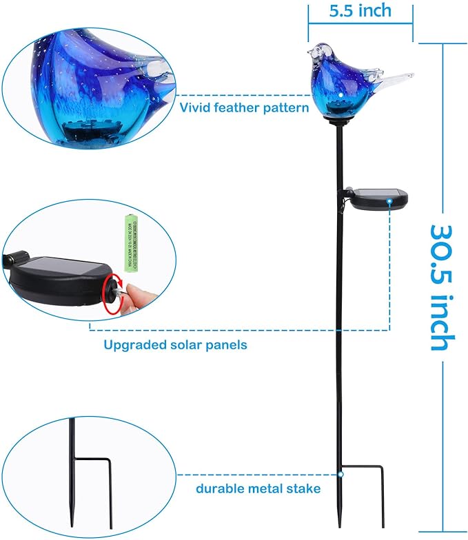Afirst Solar Bluebird Garden Stake Lights - Hand Blown Glass Decorative Garden Pathway Lights Outdoor Waterproof Bird Glass Stakes Afirst
