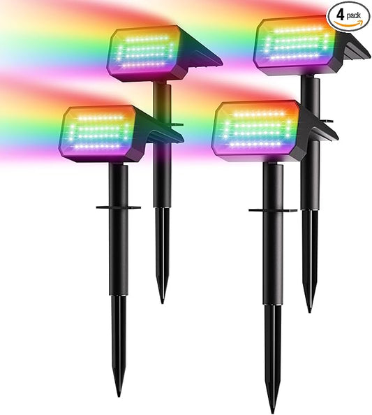 Fabrito Color Changing Solar Spot Lights Outdoor 4 Pack, [6+1 Lighting Modes] Auto On/Off RGB Spotlights, Waterproof Multicolor Landscape Lights for Garden, Tree, Halloween, Christmas Fabrito
