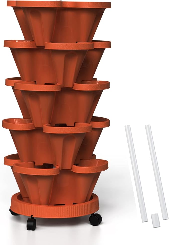 Strawberry Vertical Planter, 5 Tiered Stacking Garden Tower, Stackable Herb Vegetable Planters with Support Pole Indoor and Outdoor - Terra Cotta Tectsia