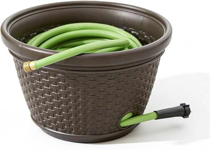 Decorative Wicker Garden Hose Holder Pot - 100 Foot Hose Storage with 4 Drain Holes, Java Brown Resin Outdoor Container, 18 x 12 Inch Rootora