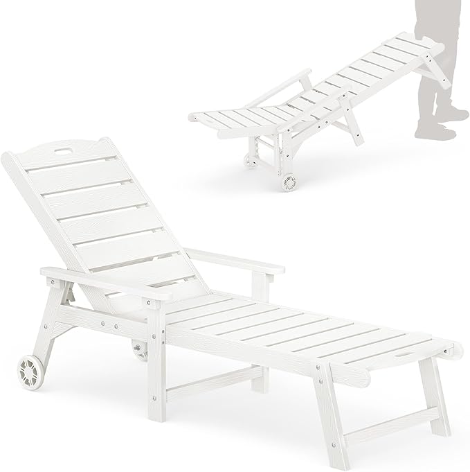 LUE BONA Outdoor Chaise Lounge, HDPS Chaise Lounger, 5 Positions Adjustable Lounge Chairs, Pool Lounge Chair with Wheels for Poolside, Backyard, White LUEBONA
