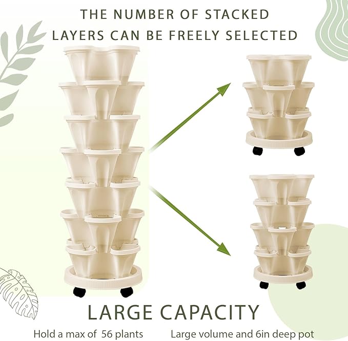 Umigy 2 Set of 7 Tier Vertical Planter Stackable Tower Planters Strawberry Herb Flower and Vegetable Pots Indoor Outdoor Gardening Pots with Removable Wheels and Tools(Beige) Umigy