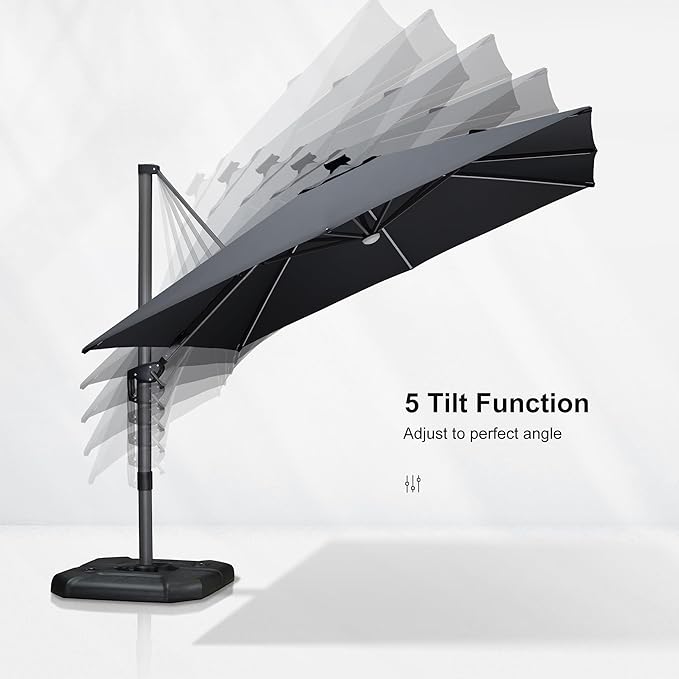 PURPLE LEAF 10 Feet Patio Umbrella Outdoor Cantilever Solar Powered LED Square Umbrella Aluminum Offset Umbrella with 360-degree Rotation for Garden Deck Pool Patio, Grey PURPLELEAF